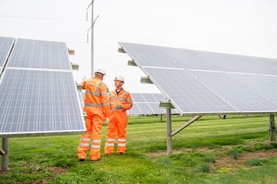 Two engineers in high-visibility gear inspect solar panels in a field, highlighting renewable energy operations.